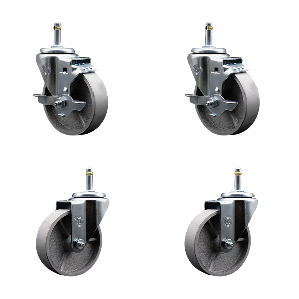 Semi Steel Cast Iron Swivel Grip Ring Stem Caster w/Roller Bearings Set of 4 - 4" x 1.5" Silver Wheels and 7/16" Stems -Includes 2 with Top Locking Brake-1200 lbs Total Capacity - Service Caster Brand — photo 1