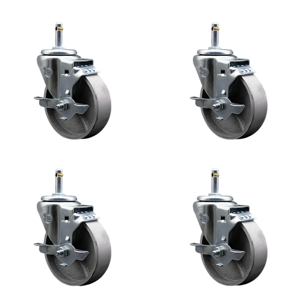 Semi Steel Cast Iron Swivel Grip Ring Stem Caster w/Roller Bearings Set of 4 w/4" x 1.5" Silver Wheels and 7/16" Stems - Includes 4 with Top Lock Brakes -1200 lbs Total Capacity - Service Caster Brand — photo 1
