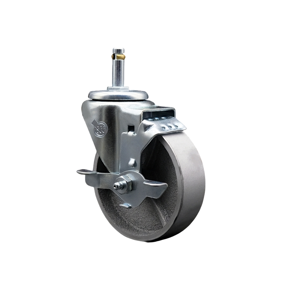 Semi Steel Cast Iron Swivel Grip Ring Stem Caster - 4" x 1.25" Silver Wheel and 7/16" Stem & Top Locking Brake - 300 lbs Capacity/Caster - Service Caster Brand — photo 1