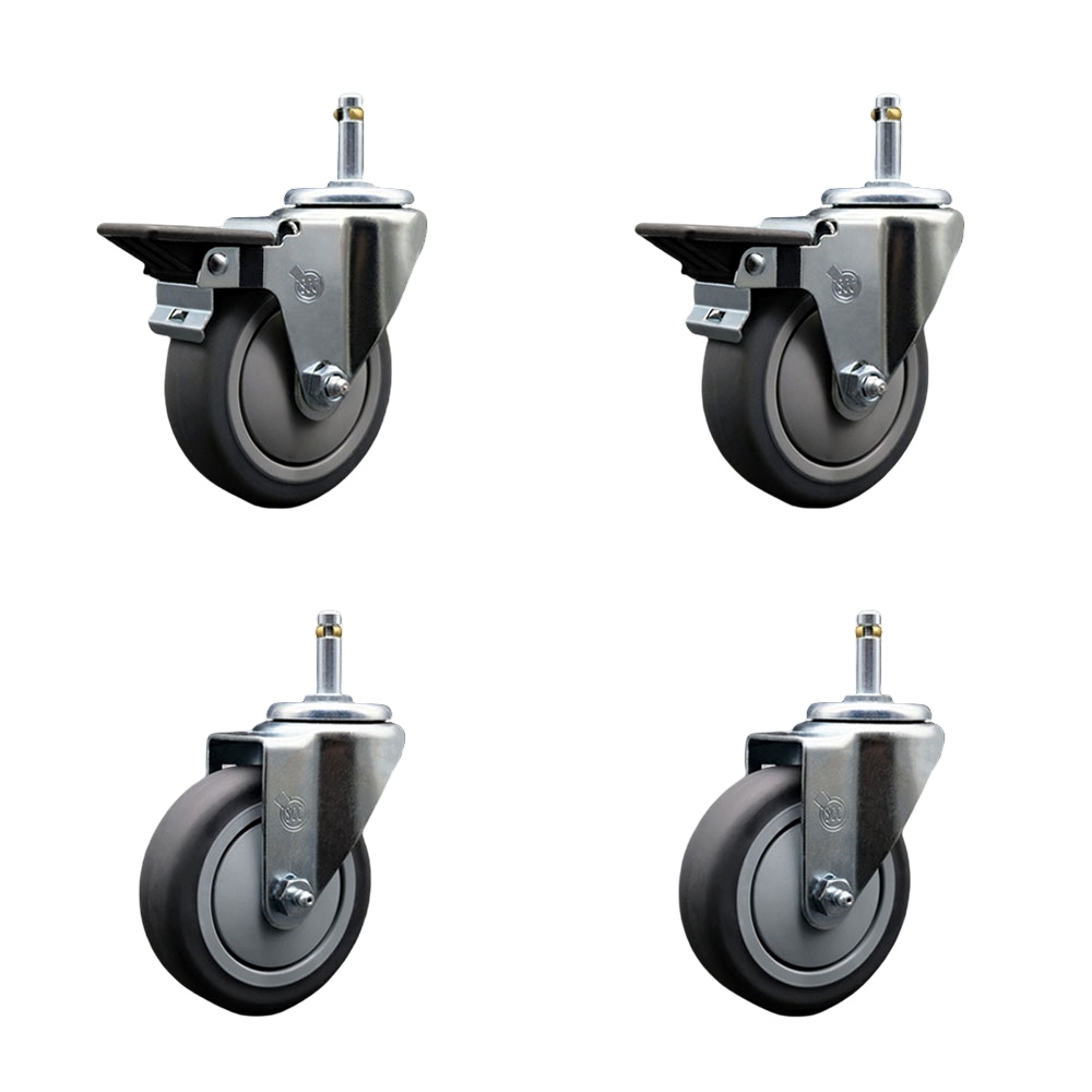 Thermoplastic Rubber Swivel Grip Ring Stem Caster Set of 4 - 4" x 1.25" Gray Wheels and 7/16" Stems - Includes 2 with Posi Locking Brake - 1000 lbs Total Capacity - Service Caster Brand — photo 1