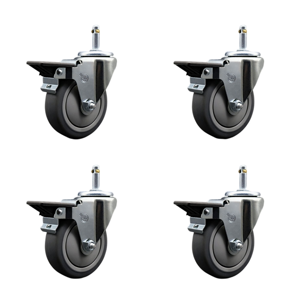 Thermoplastic Rubber Swivel Grip Ring Stem Caster Set of 4 w/4" x 1.25" Gray Wheels and 7/16" Stems - Includes 4 with Posi Lock Brakes - 1000 lbs Total Capacity - Service Caster Brand — photo 1