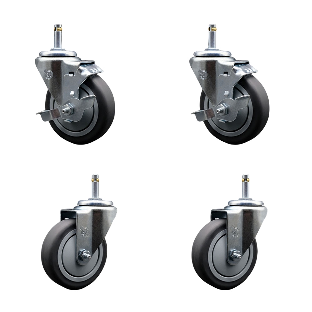 Thermoplastic Rubber Swivel Grip Ring Stem Caster Set of 4 - 4" x 1.25" Gray Wheels and 7/16" Stems - Includes 2 with Top Locking Brake - 1000 lbs Total Capacity - Service Caster Brand — photo 1