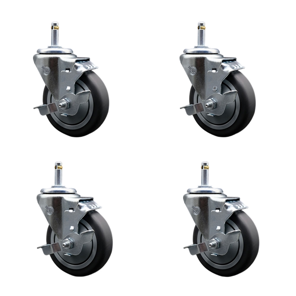 Thermoplastic Rubber Swivel Grip Ring Stem Caster Set of 4 w/4" x 1.25" Gray Wheels and 7/16" Stems - Includes 4 with Top Lock Brakes - 1000 lbs Total Capacity - Service Caster Brand — photo 1