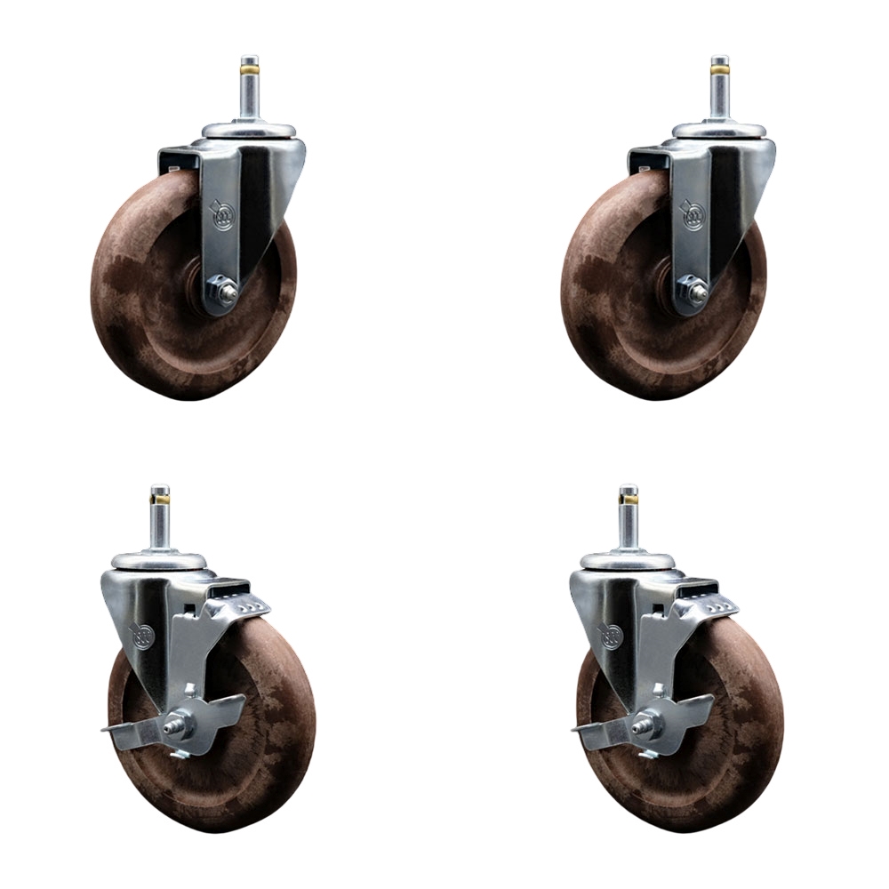 High Temp Glass Filled Nylon Swivel Grip Ring Stem Caster Set of 4 w/5" x 1.25" Brown Wheels and 7/16" Stems - Includes 2 with Top Locking Brake - 1400 lbs Total Capacity - Service Caster Brand — photo 1