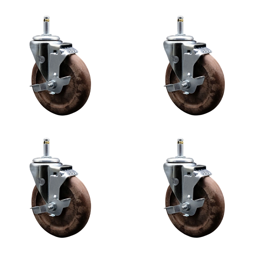 High Temp Glass Filled Nylon Swivel Grip Ring Stem Caster Set of 4 w/5" x 1.25" Brown Wheels and 7/16" Stems - Includes 4 with Top Lock Brakes - 1400 lbs Total Capacity - Service Caster Brand — photo 1