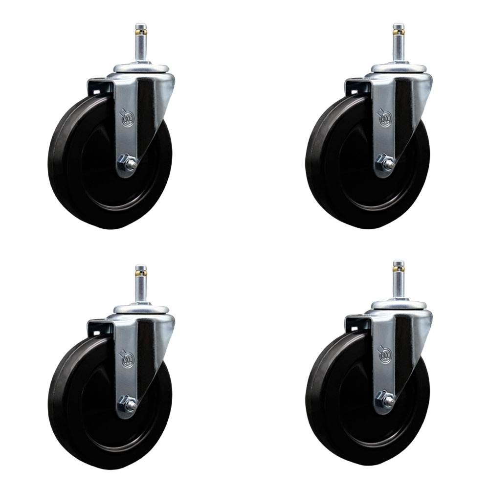 Hard Rubber Swivel Grip Ring Stem Caster Set of 4 w/5" x 1.25" Black Wheels and 7/16" Stems - Includes 4 Swivel - 1200 lbs Total Capacity - Service Caster Brand — photo 1
