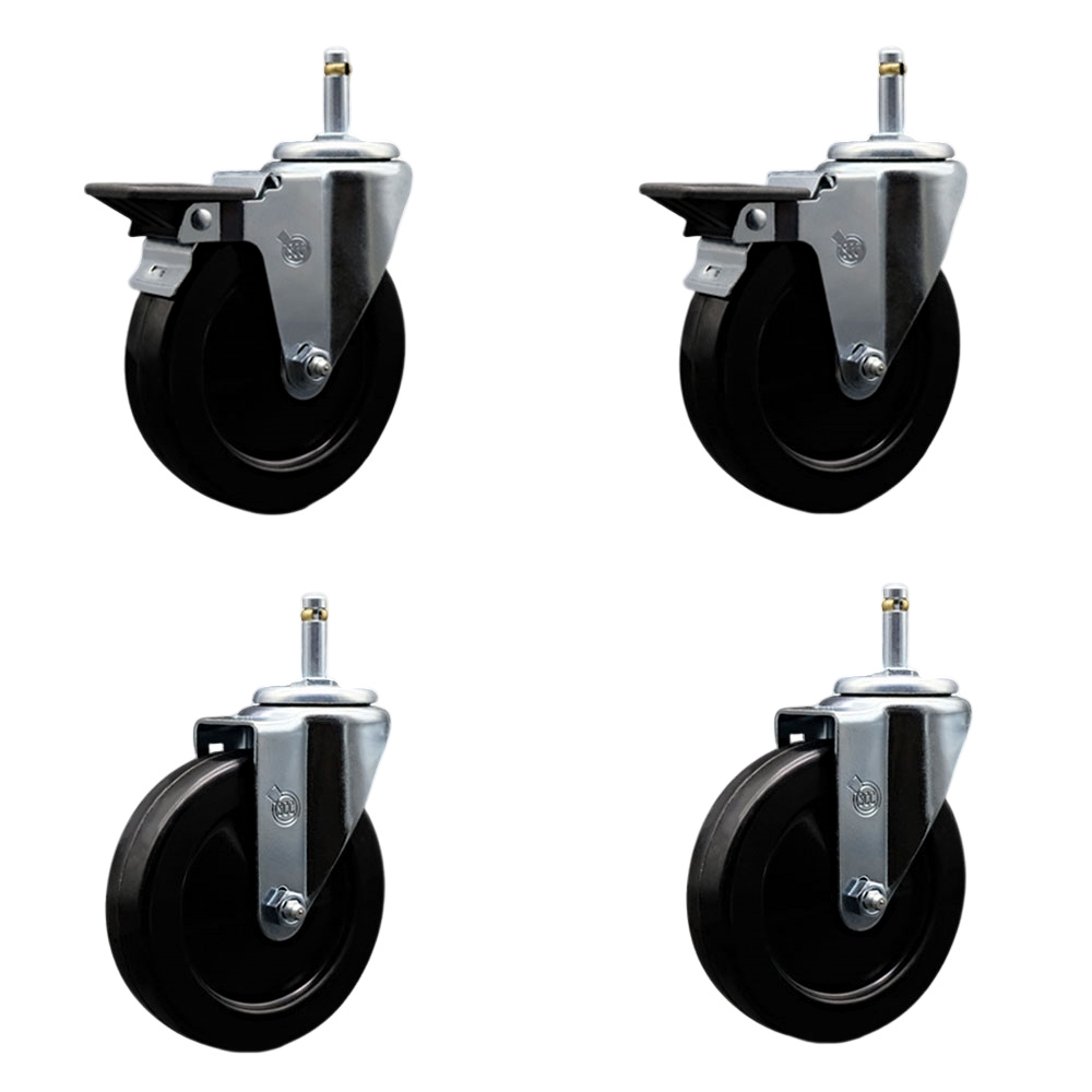 Hard Rubber Swivel Grip Ring Stem Caster Set of 4 w/5" x 1.25" Black Wheels and 7/16" Stems - Includes 2 with Posi Locking Brake - 1200 lbs Total Capacity - Service Caster Brand — photo 1