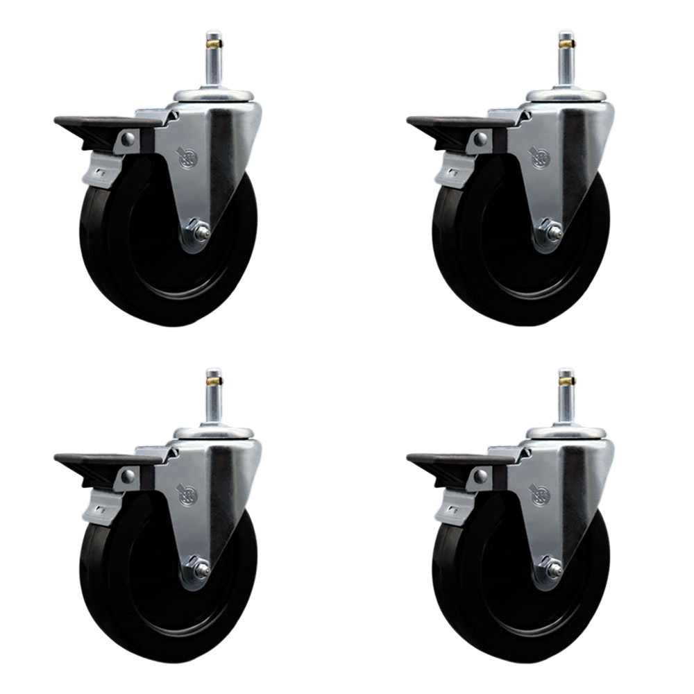 Hard Rubber Swivel Grip Ring Stem Caster Set of 4 w/5" x 1.25" Black Wheels and 7/16" Stems - Includes 4 with Posi Lock Brakes - 1200 lbs Total Capacity - Service Caster Brand — photo 1