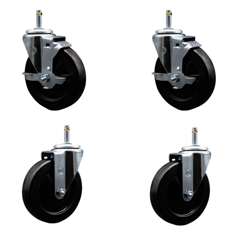 Hard Rubber Swivel Grip Ring Stem Caster Set of 4 w/5" x 1.25" Black Wheels and 7/16" Stems - Includes 2 with Top Locking Brake - 1200 lbs Total Capacity - Service Caster Brand — photo 1
