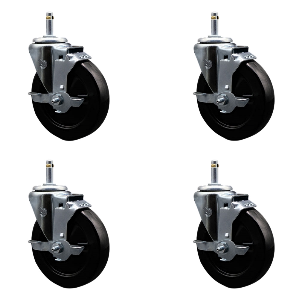 Hard Rubber Swivel Grip Ring Stem Caster Set of 4 w/5" x 1.25" Black Wheels and 7/16" Stems - Includes 4 with Top Lock Brakes - 1200 lbs Total Capacity - Service Caster Brand — photo 1