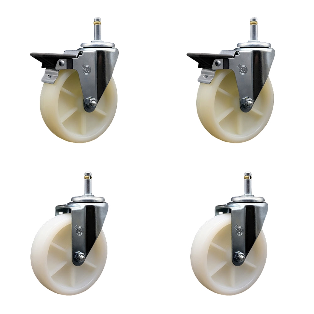 Nylon Swivel Grip Ring Stem Caster Set of 4 w/5" x 1.25" White Wheels and 7/16" Stems - Includes 2 with Posi Locking Brake - 1200 lbs Total Capacity - Service Caster Brand — photo 1
