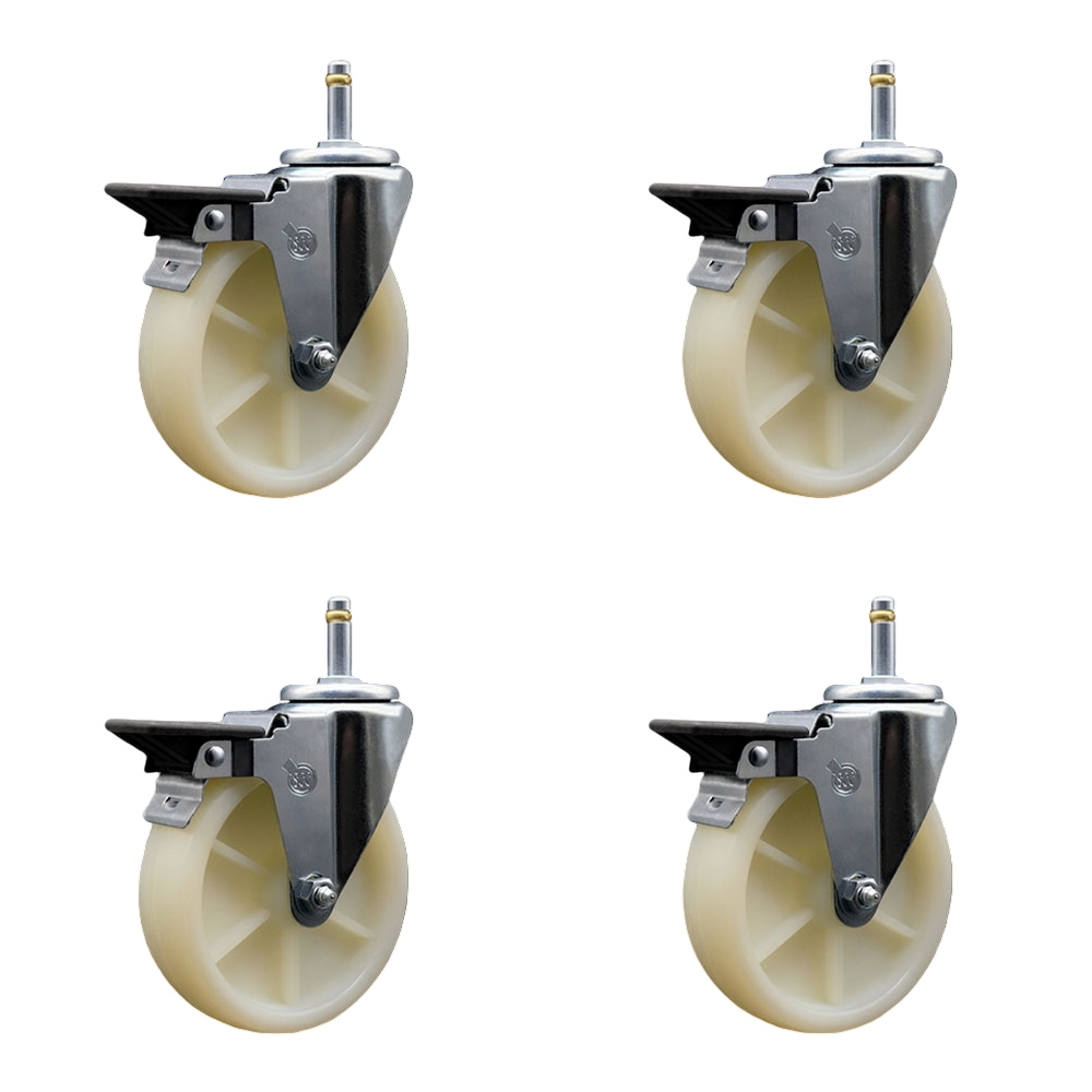 Nylon Swivel Grip Ring Stem Caster Set of 4 w/5" x 1.25" White Wheels and 7/16" Stems - Includes 4 with Posi Lock Brakes - 1200 lbs Total Capacity - Service Caster Brand — photo 1