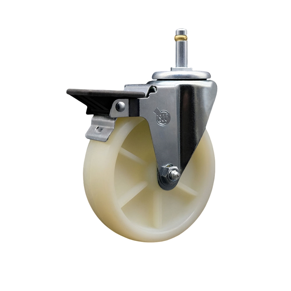Nylon Swivel Grip Ring Stem Caster w/5" x 1.25" White Wheel and 7/16" Stem & Posi Locking Brake - 300 lbs Capacity/Caster - Service Caster Brand — photo 1
