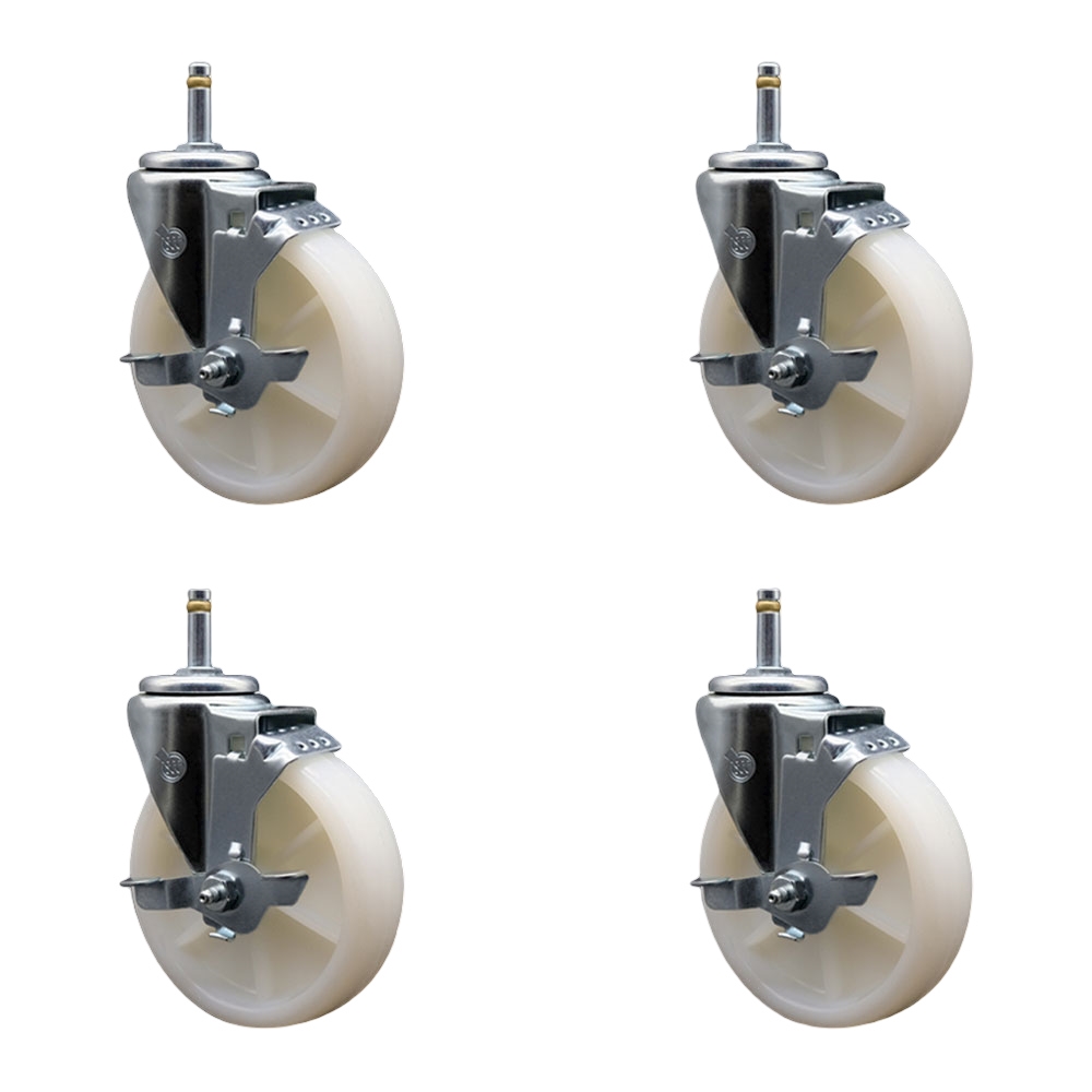 Nylon Swivel Grip Ring Stem Caster Set of 4 w/5" x 1.25" White Wheels and 7/16" Stems - Includes 4 with Top Lock Brakes - 1200 lbs Total Capacity - Service Caster Brand — photo 1