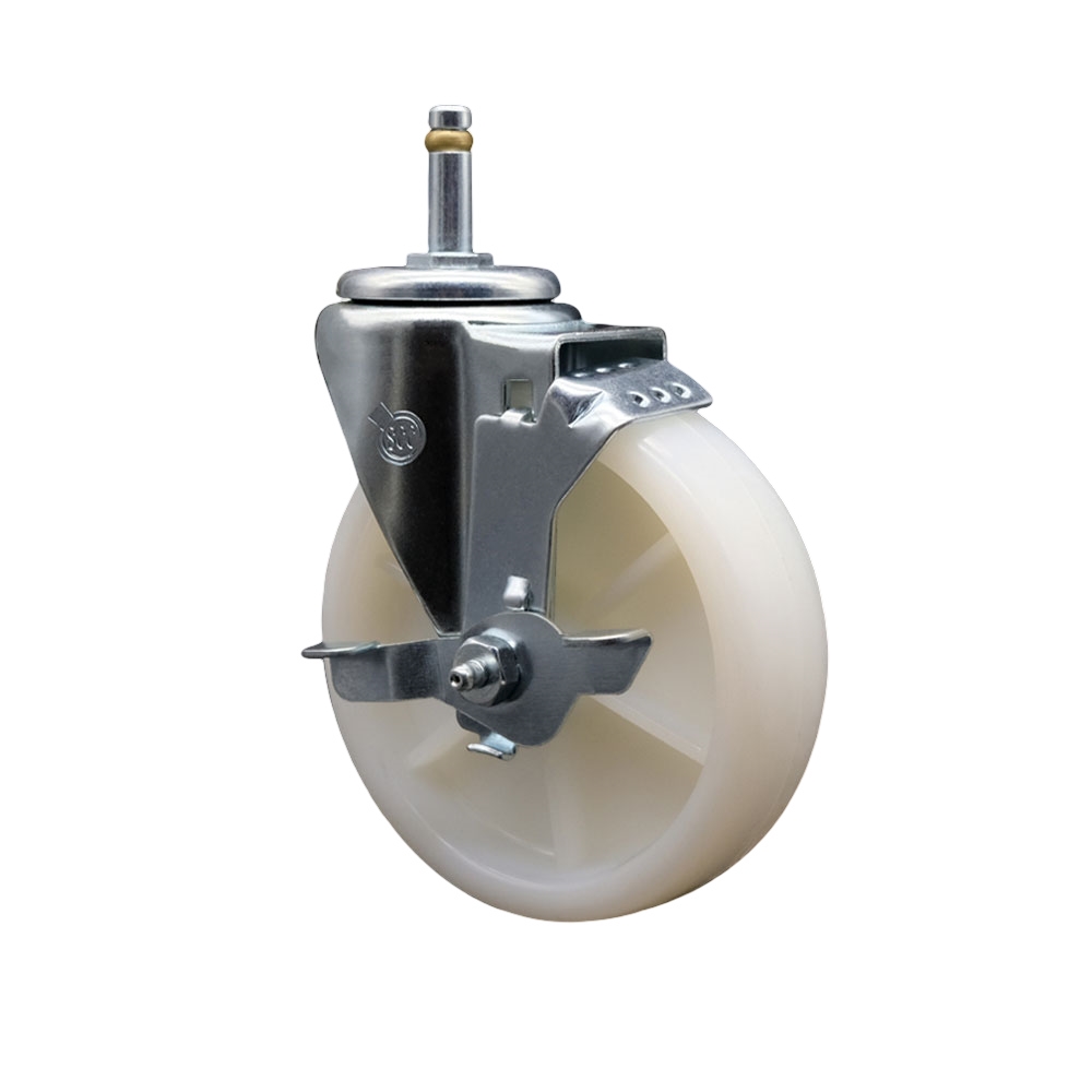 Nylon Swivel Grip Ring Stem Caster w/5" x 1.25" White Wheel and 7/16" Stem & Top Locking Brake - 300 lbs Capacity/Caster - Service Caster Brand — photo 1