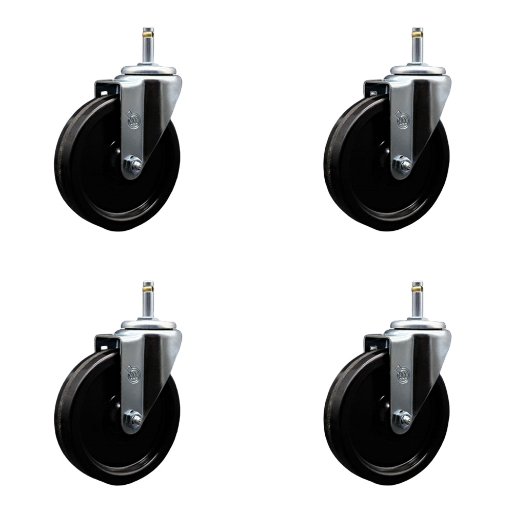 Phenolic Swivel Grip Ring Stem Caster Set of 4 w/5" x 1.25" Black Wheels and 7/16" Stems - Includes 4 Swivel - 1200 lbs Total Capacity - Service Caster Brand — photo 1