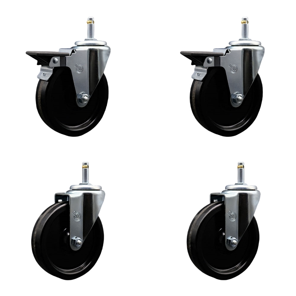 Phenolic Swivel Grip Ring Stem Caster Set of 4 - 5" x 1.25" Black Wheels and 7/16" Stems - Includes 2 with Posi Locking Brake - 1200 lbs Total Capacity - Service Caster Brand — photo 1