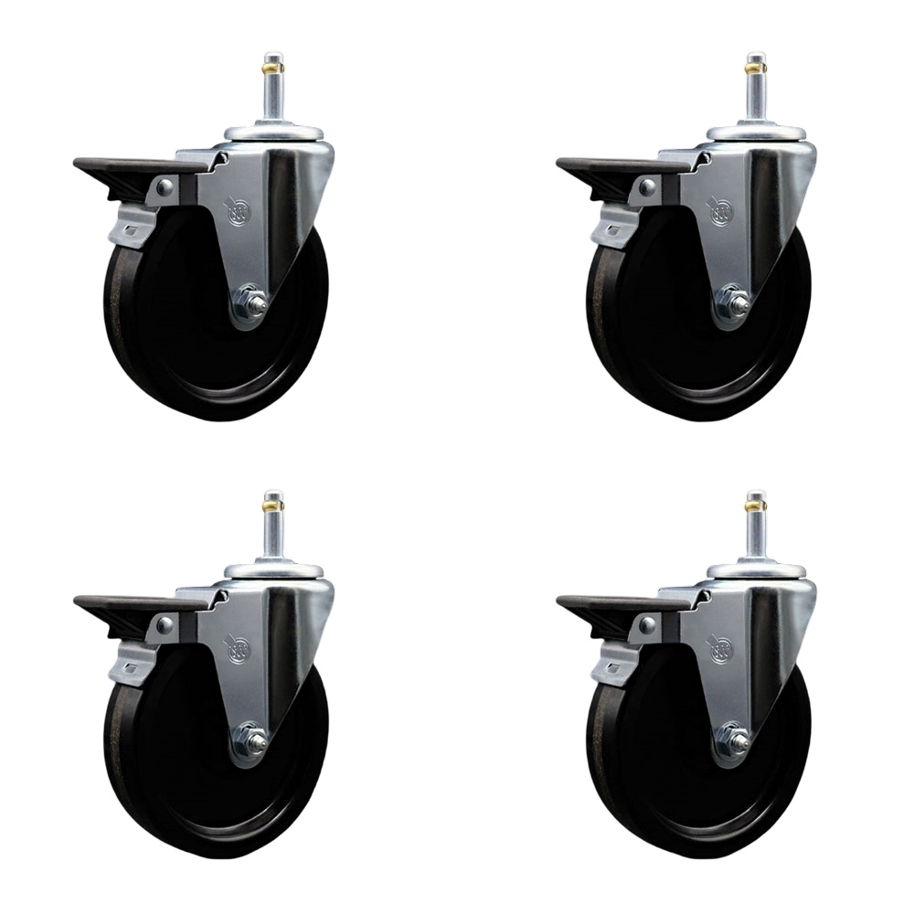 Phenolic Swivel Grip Ring Stem Caster w/Roller Bearing Set of 4 w/5" x 1.25" Black Wheels and 7/16" Stems - Includes 4 with Posi Lock Brakes - 1200 lbs Total Capacity - Service Caster Brand — photo 1