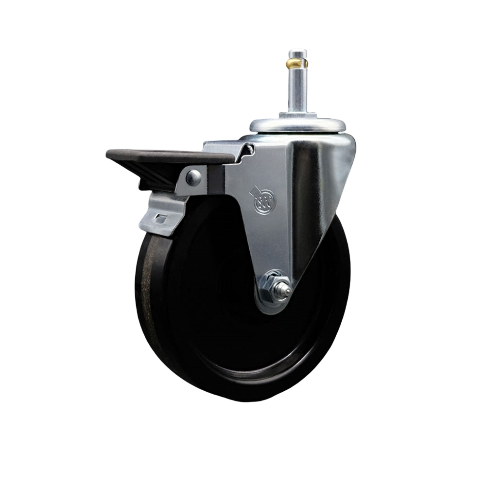 Phenolic Swivel Grip Ring Stem Caster w/Roller Bearing - 5" x 1.25" Black Wheel and 7/16" Stem & Posi Locking Brake - 300 lbs Capacity/Caster - Service Caster Brand — photo 1