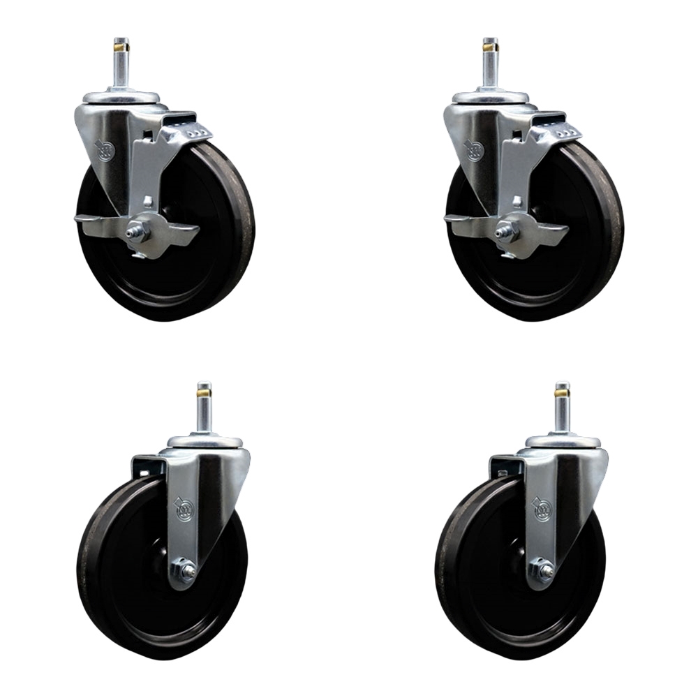 Phenolic Swivel Grip Ring Stem Caster Set of 4 w/Roller Bearing - 5" x 1.25" Black Wheels and 7/16" Stems - Includes 2 with Top Locking Brake - 1200 lbs Total Capacity - Service Caster Brand — photo 1