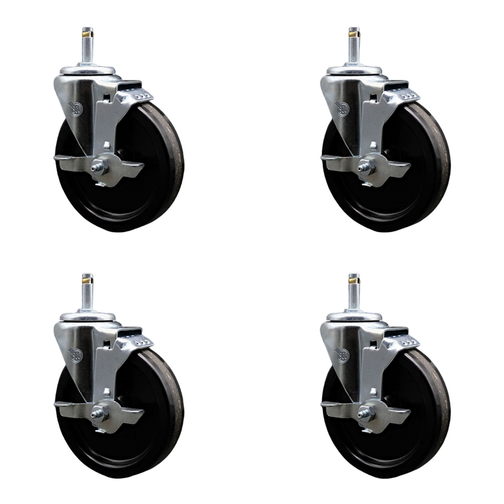 Phenolic Swivel Grip Ring Stem Caster w/Roller Bearing Set of 4 w/5" x 1.25" Black Wheels and 7/16" Stems - Includes 4 with Top Lock Brakes - 1200 lbs Total Capacity - Service Caster Brand — photo 1
