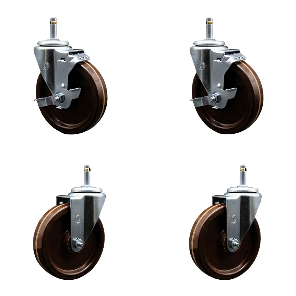 High Temperature Phenolic Swivel Grip Ring Stem Caster Set of 4 - 5" x 1.25" Brown Wheels and 7/16" Stems - Includes 2 with Top Locking Brake - 1200 lbs Total Capacity - Service Caster Brand — photo 1
