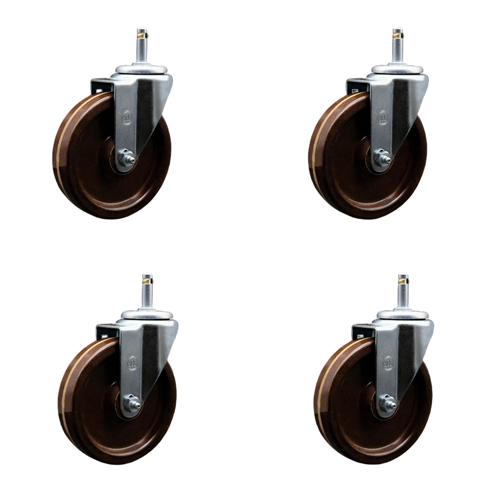 High Temperature Phenolic Swivel Grip Ring Stem Caster Set of 4 w/5" x 1.25" Brown Wheels and 7/16" Stems - Includes 4 Swivel - 1200 lbs Total Capacity - Service Caster Brand — photo 1