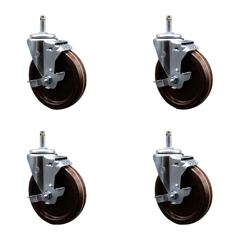 High Temperature Phenolic Swivel Grip Ring Stem Caster w/Roller Bearing Set of 4 w/5" x 1.25" Brown Wheels & 7/16" Stems - Includes 4 with Top Lock Brakes-1200 lbs Total Capacity- Service Caster Brand — photo 1