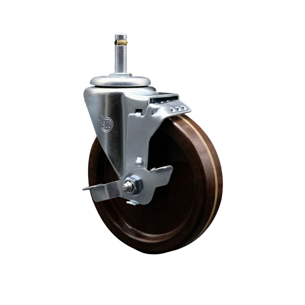 High Temperature Phenolic Swivel Grip Ring Stem Caster w/Roller Bearing - 5" x 1.25" Brown Wheel and 7/16" Stem & Top Locking Brake - 300 lbs Capacity/Caster - Service Caster Brand — photo 1