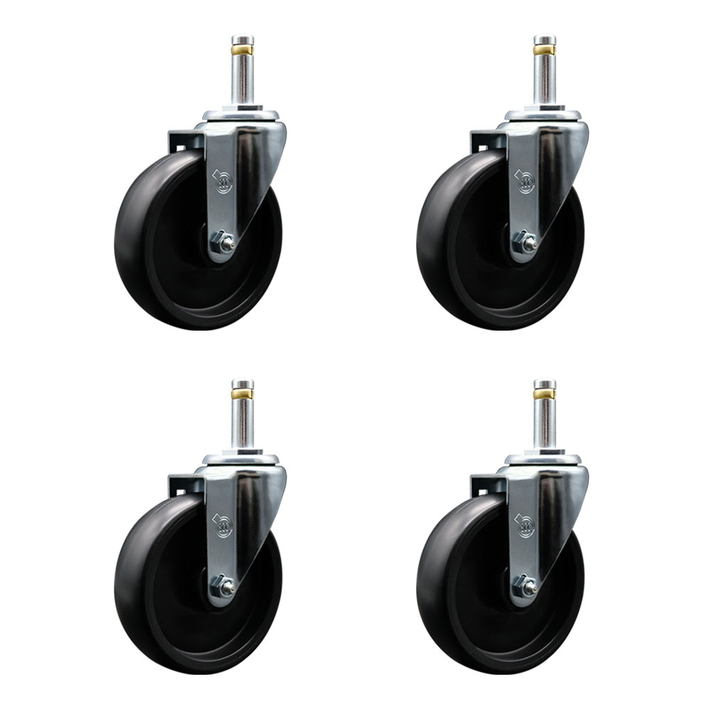 Polyolefin Swivel Grip Ring Stem Caster Wheels Set of 4 with 5 Inch Black Wheels and 7/16" Stems - Includes 4 Swivel - 1400 lbs. Total Capacity - Service Caster Brand — photo 1