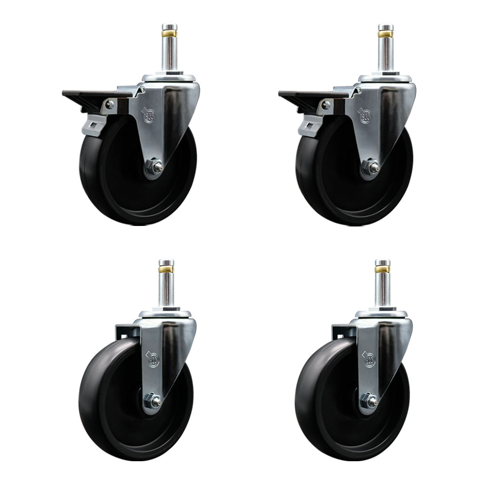 Polyolefin Swivel Grip Ring Stem Caster Wheels Set of 4 with 5 Inch Black Wheels and 7/16" Stems - Includes 2 with Posi Lock Brakes - 1400 lbs. Total Capacity - Service Caster Brand — photo 1