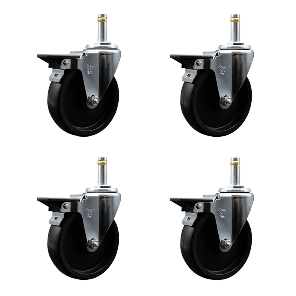 Polyolefin Swivel Grip Ring Stem Caster Wheels Set of 4 with 5 Inch Black Wheels and 7/16" Stems - Includes 4 with Posi Lock Brakes - 1400 lbs. Total Capacity - Service Caster Brand — photo 1