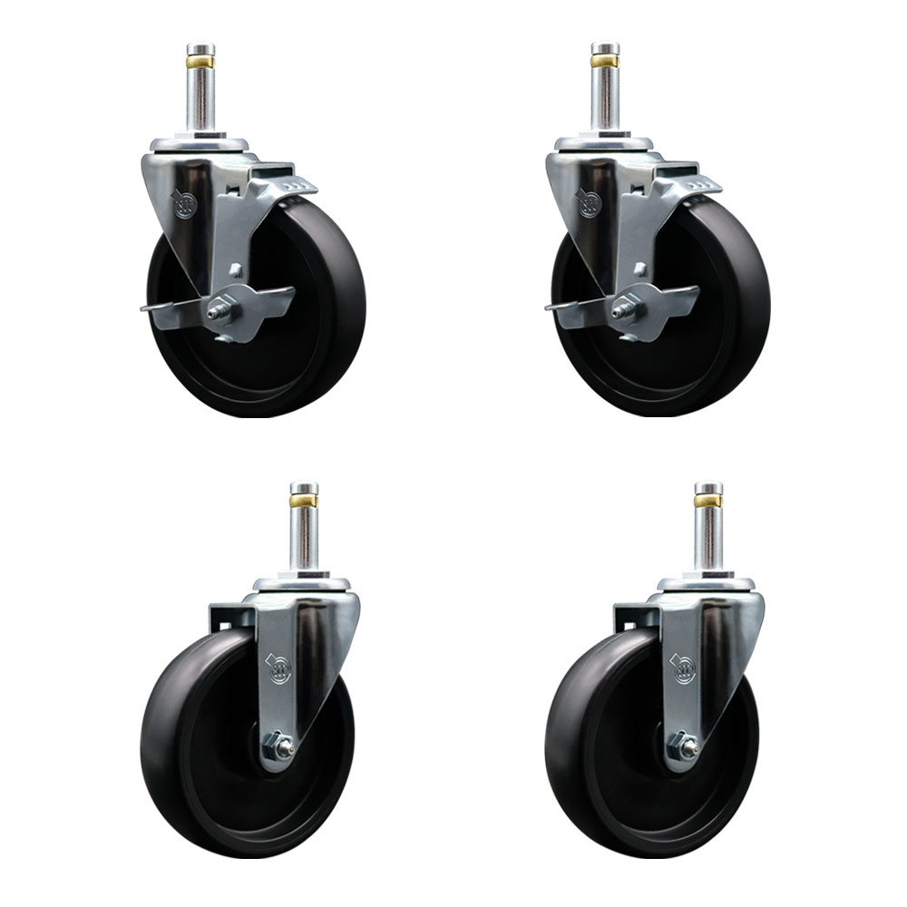 Polyolefin Swivel Grip Ring Stem Caster Wheels Set of 4 with 5 Inch Black Wheels and 7/16" Stems - Includes 2 with Top Lock Brakes - 1400 lbs. Total Capacity - Service Caster Brand — photo 1