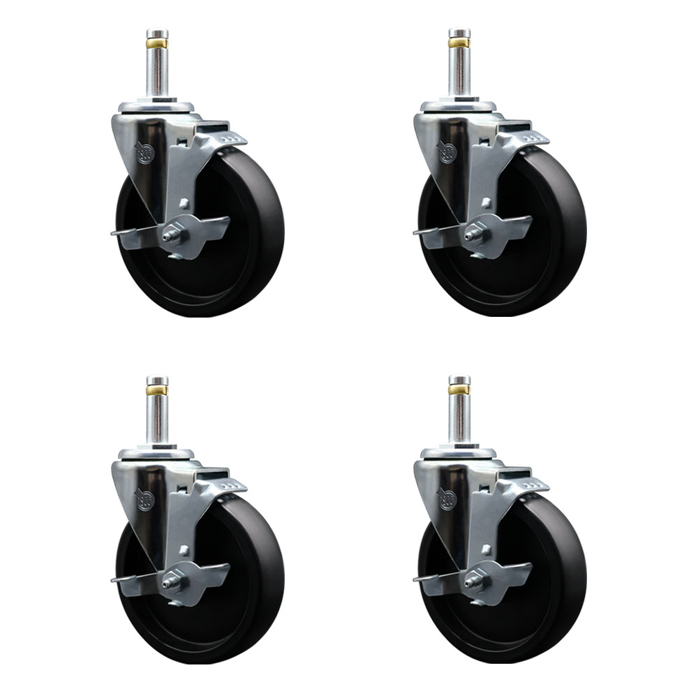 Polyolefin Swivel Grip Ring Stem Caster Wheels Set of 4 with 5 Inch Black Wheels and 7/16" Stems - Includes 4 with Top Lock Brakes - 1400 lbs. Total Capacity - Service Caster Brand — photo 1