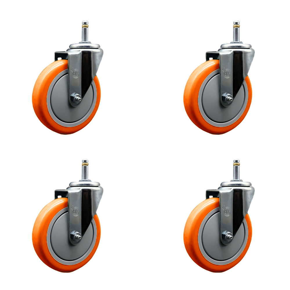 Polyurethane Swivel Grip Ring Stem Caster Set of 4 w/5" x 1.25" Orange Wheels and 7/16" Stems - Includes 4 Swivel - 1400 lbs Total Capacity - Service Caster Brand — photo 1