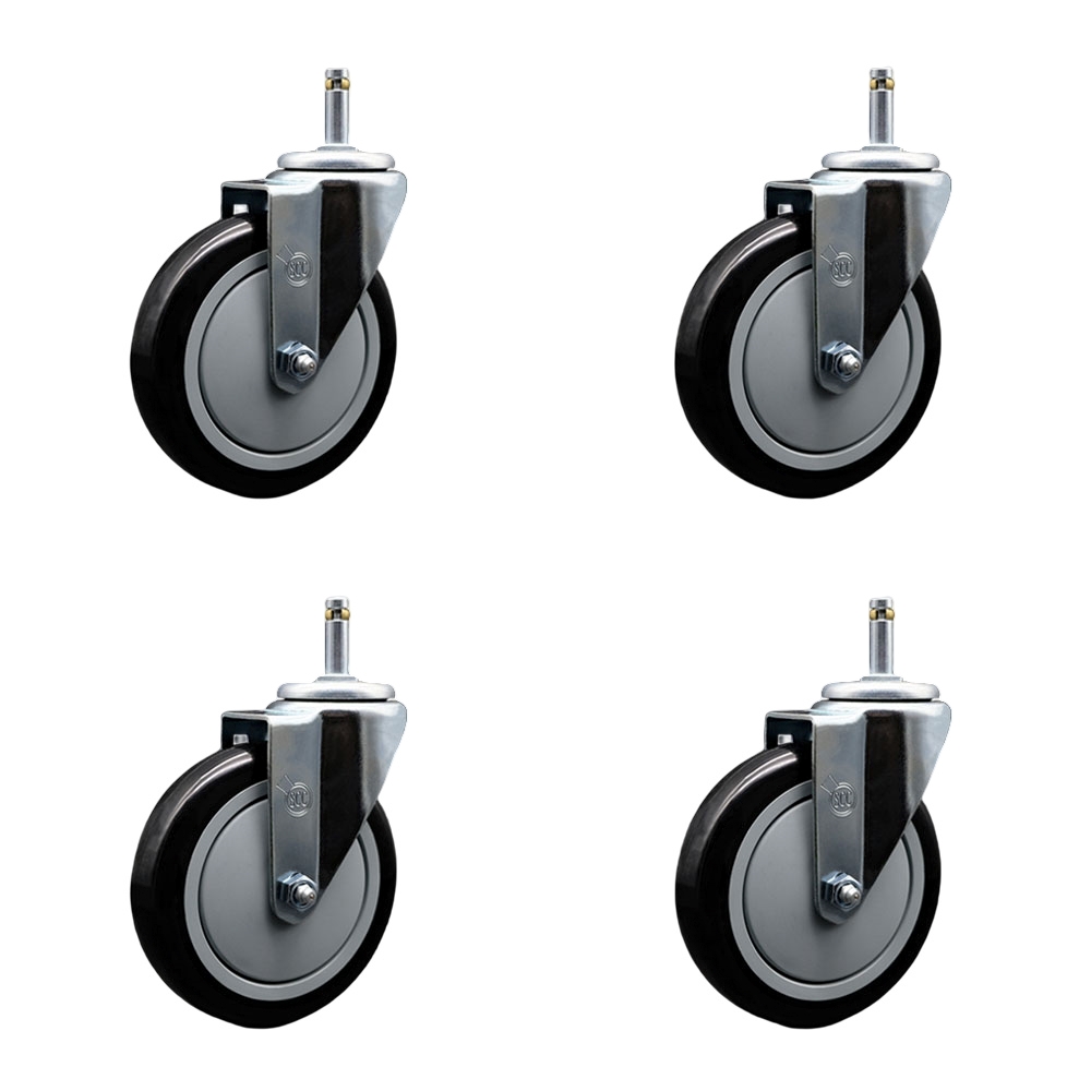 Polyurethane Swivel Grip Ring Stem Caster Set of 4 w/5" x 1.25" Black Wheels and 7/16" Stems - Includes 4 Swivel - 1400 lbs Total Capacity - Service Caster Brand — photo 1
