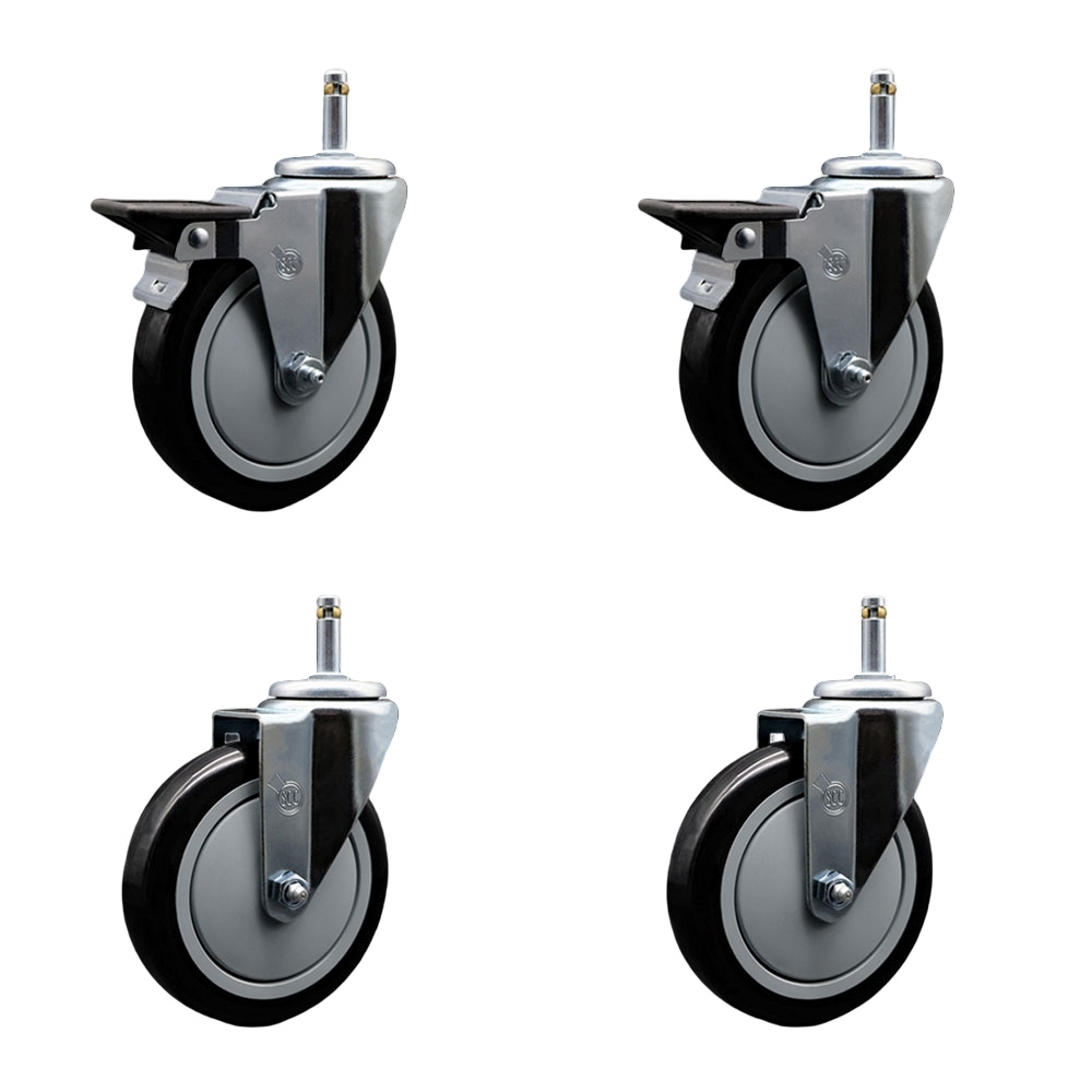 Polyurethane Swivel Grip Ring Stem Caster Set of 4 w/5" x 1.25" Black Wheels and 7/16" Stems - Includes 2 with Posi Locking Brake - 1400 lbs Total Capacity - Service Caster Brand — photo 1