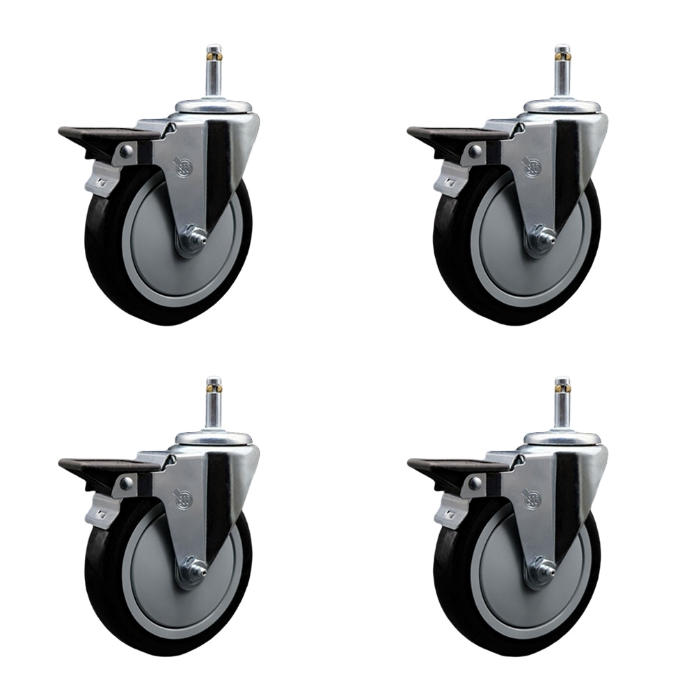 Polyurethane Swivel Grip Ring Stem Caster Set of 4 w/5" x 1.25" Black Wheels and 7/16" Stems - Includes 4 with Posi Lock Brakes - 1400 lbs Total Capacity - Service Caster Brand — photo 1