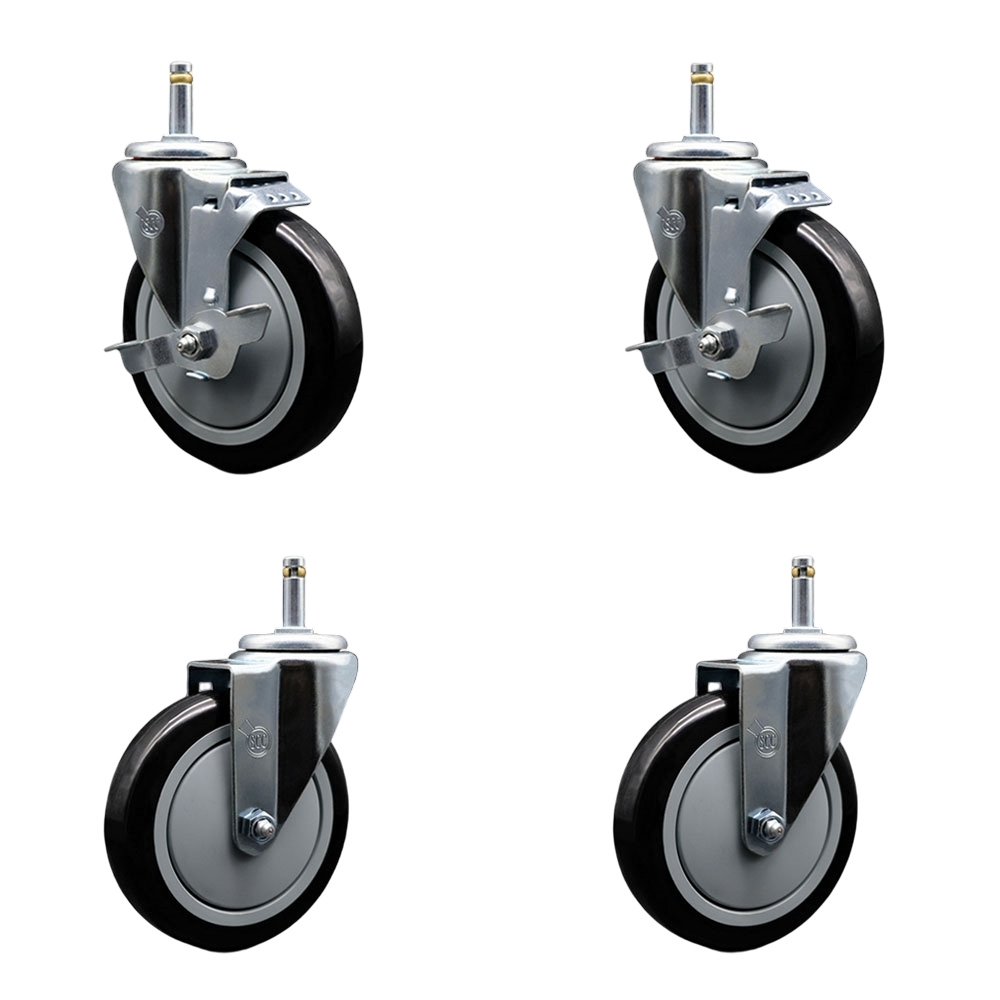 Polyurethane Swivel Grip Ring Stem Caster Set of 4 w/5" x 1.25"  Black Wheels and 7/16" Stems - Includes 2 with Top Locking Brake - 1400 lbs Total Capacity - Service Caster Brand — photo 1