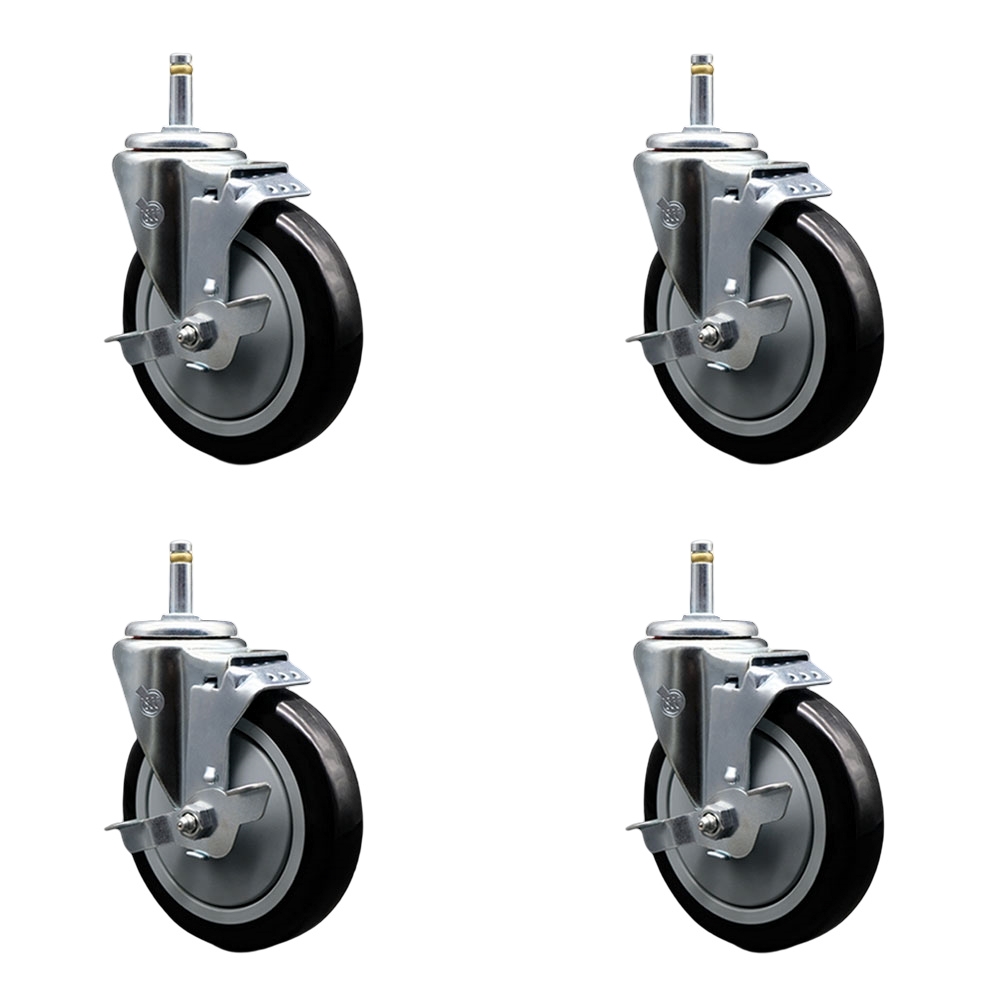 Polyurethane Swivel Grip Ring Stem Caster Set of 4 w/5" x 1.25" Black Wheels and 7/16" Stems - Includes 4 with Top Lock Brakes - 1400 lbs Total Capacity - Service Caster Brand — photo 1