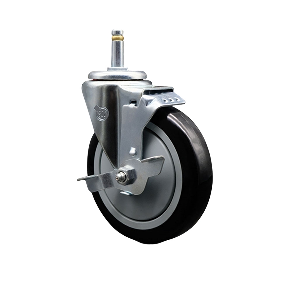 Polyurethane Swivel Grip Ring Stem Caster w/5" x 1.25" Black Wheel and 7/16" Stem & Top Locking Brake - 350 lbs Capacity/Caster - Service Caster Brand — photo 1