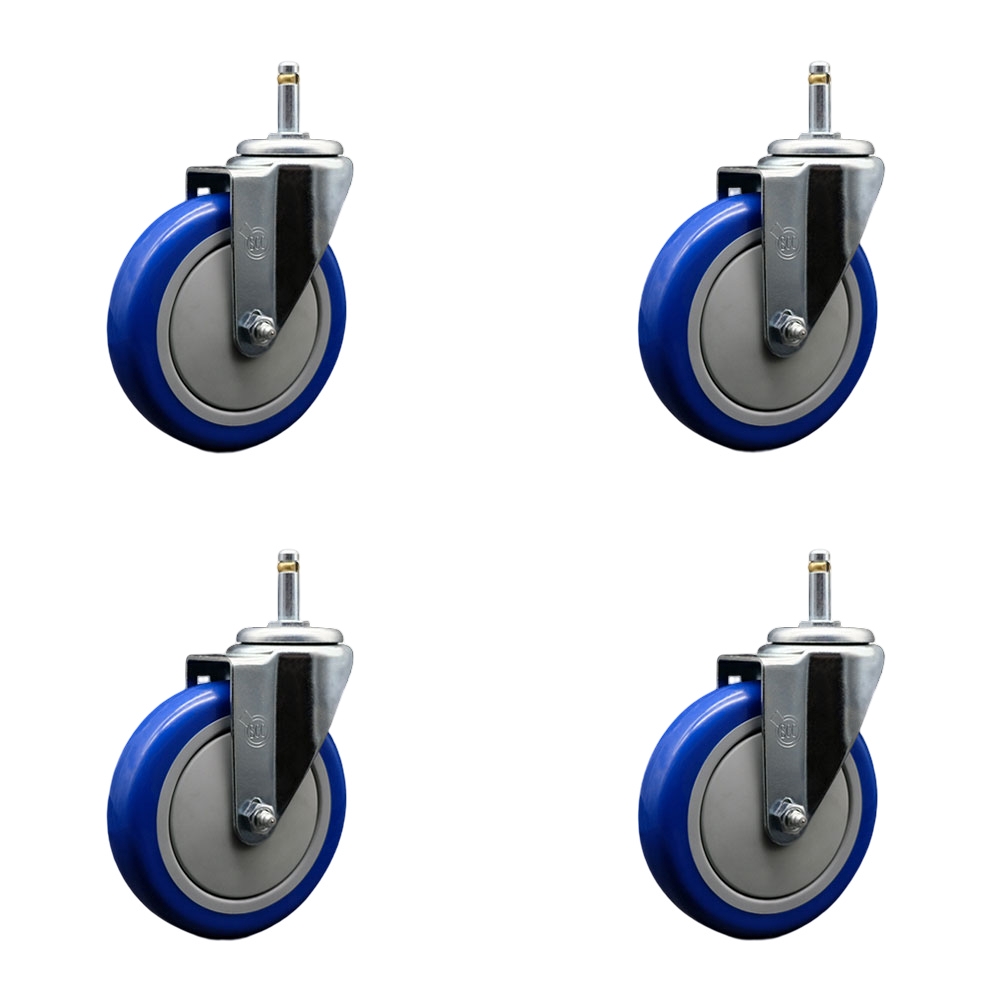 Polyurethane Swivel Grip Ring Stem Caster Set of 4 w/5" x 1.25" Blue Wheels and 7/16" Stems - Includes 4 Swivel - 1400 lbs Total Capacity - Service Caster Brand — photo 1