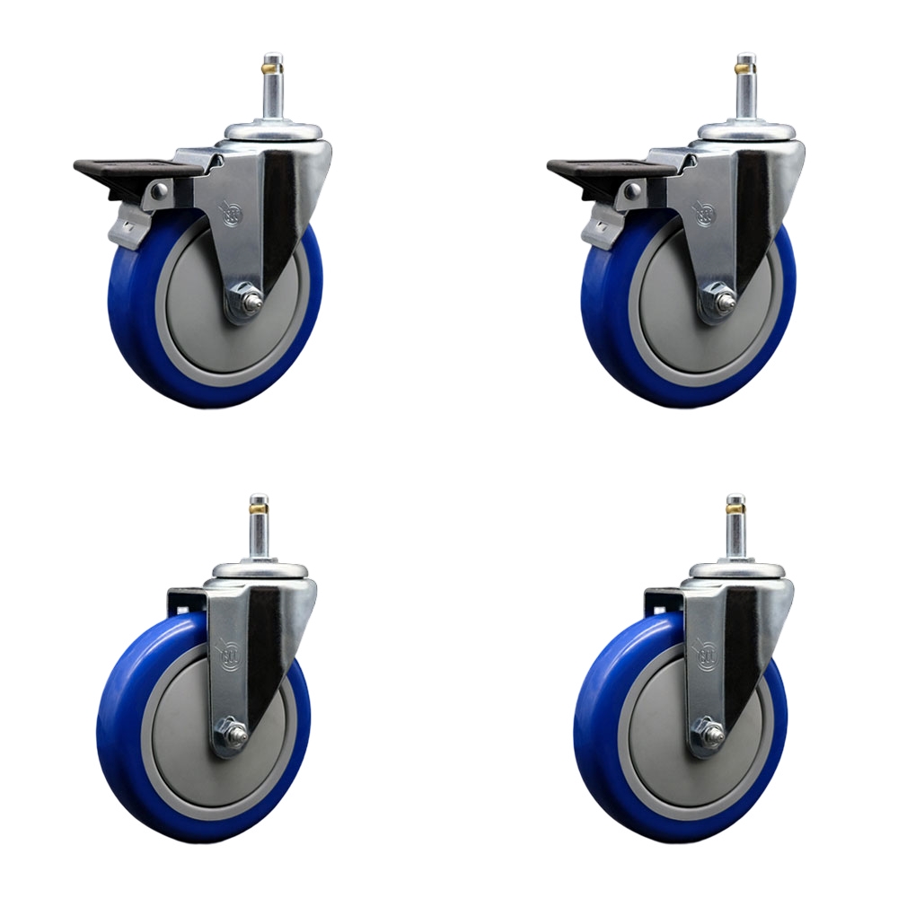 Polyurethane Swivel Grip Ring Stem Caster Set of 4 w/5" x 1.25"  Blue Wheels and 7/16" Stems - Includes 2 with Posi Locking Brake - 1400 lbs Total Capacity - Service Caster Brand — photo 1
