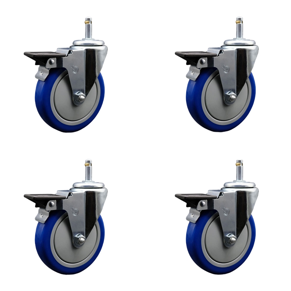 Polyurethane Swivel Grip Ring Stem Caster Set of 4 w/5" x 1.25" Blue Wheels and 7/16" Stems - Includes 4 with Posi Lock Brakes - 1400 lbs Total Capacity - Service Caster Brand — photo 1