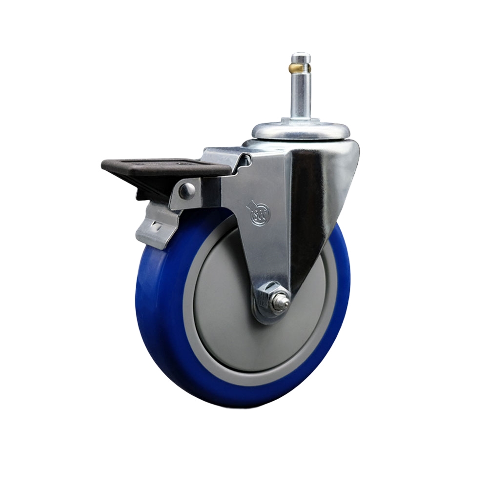 Polyurethane Swivel Grip Ring Stem Caster w/5" x 1.25"  Blue Wheel and 7/16" Stem & Posi Locking Brake - 350 lbs Capacity/Caster - Service Caster Brand — photo 1