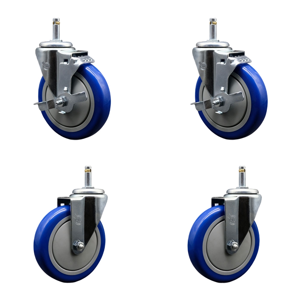 Polyurethane Swivel Grip Ring Stem Caster Set of 4 w/5" x 1.25"  Blue Wheels and 7/16" Stems - Includes 2 with Top Locking Brake - 1400 lbs Total Capacity - Service Caster Brand — photo 1