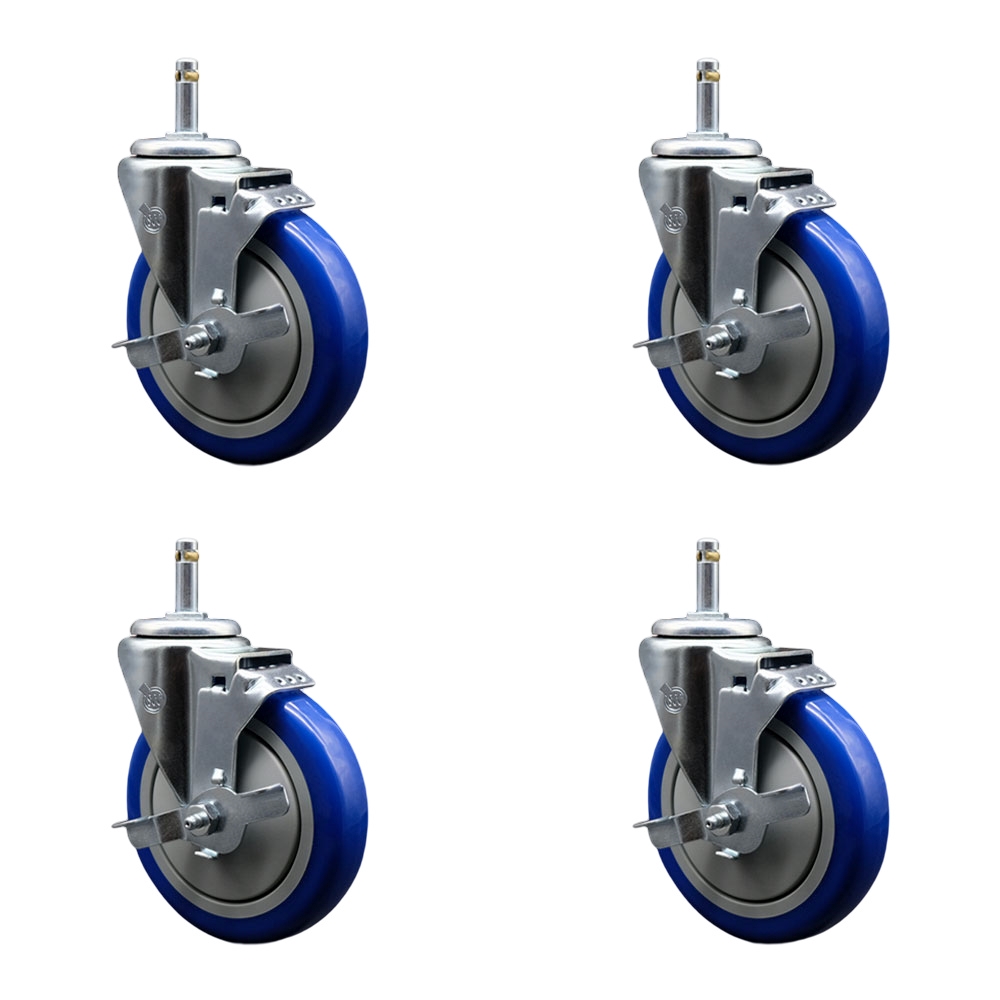 Polyurethane Swivel Grip Ring Stem Caster Set of 4 w/5" x 1.25" Blue Wheels and 7/16" Stems - Includes 4 with Top Lock Brakes - 1400 lbs Total Capacity - Service Caster Brand — photo 1