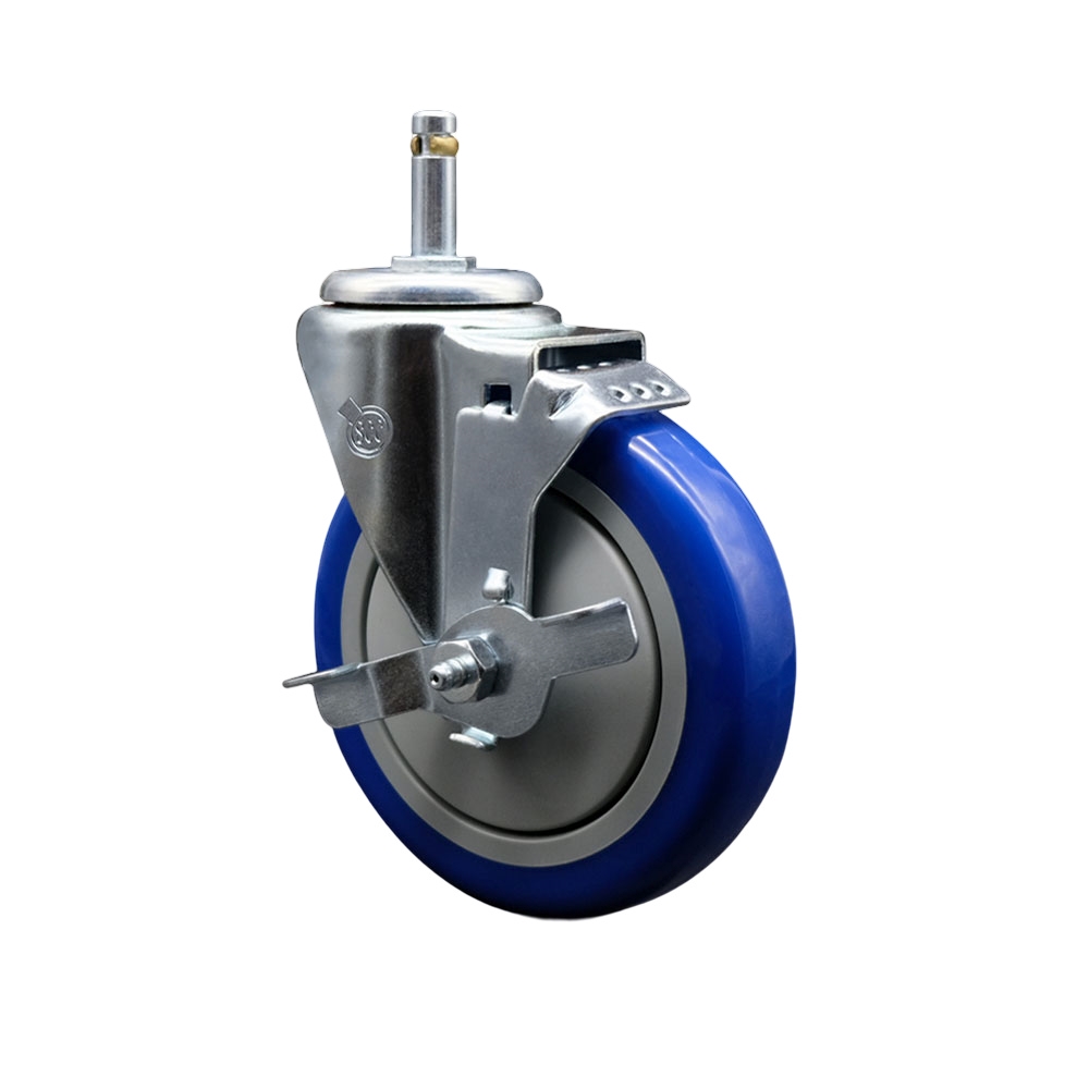Polyurethane Swivel Grip Ring Stem Caster w/5" x 1.25" Blue Wheel and 7/16" Stem & Top Locking Brake - 350 lbs Capacity/Caster - Service Caster Brand — photo 1