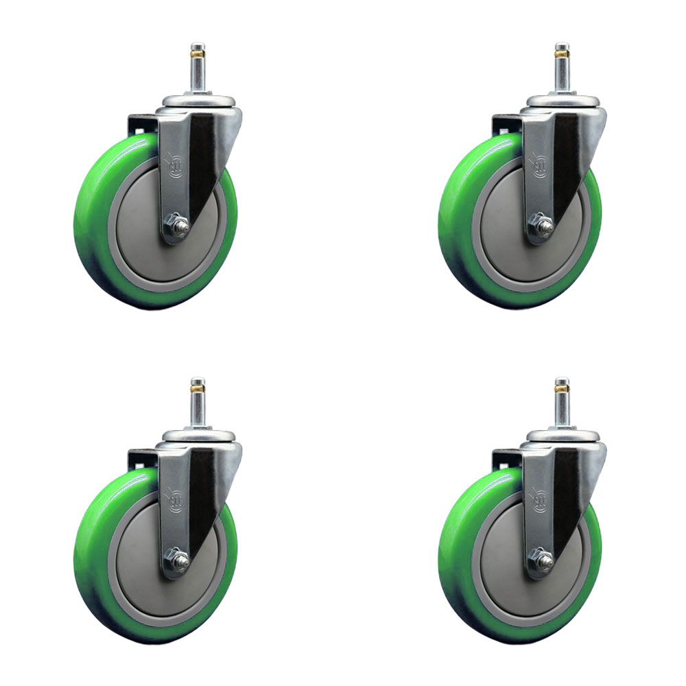 Polyurethane Swivel Grip Ring Stem Caster Set of 4 w/5" x 1.25" Green Wheels and 7/16" Stems - Includes 4 Swivel - 1400 lbs Total Capacity - Service Caster Brand — photo 1