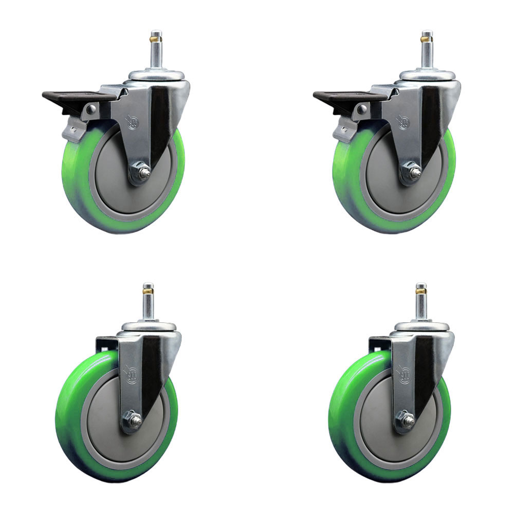 Polyurethane Swivel Grip Ring Stem Caster Set of 4 w/5" x 1.25" Green Wheels and 7/16" Stems - Includes 2 with Posi Locking Brake - 1400 lbs Total Capacity - Service Caster Brand — photo 1